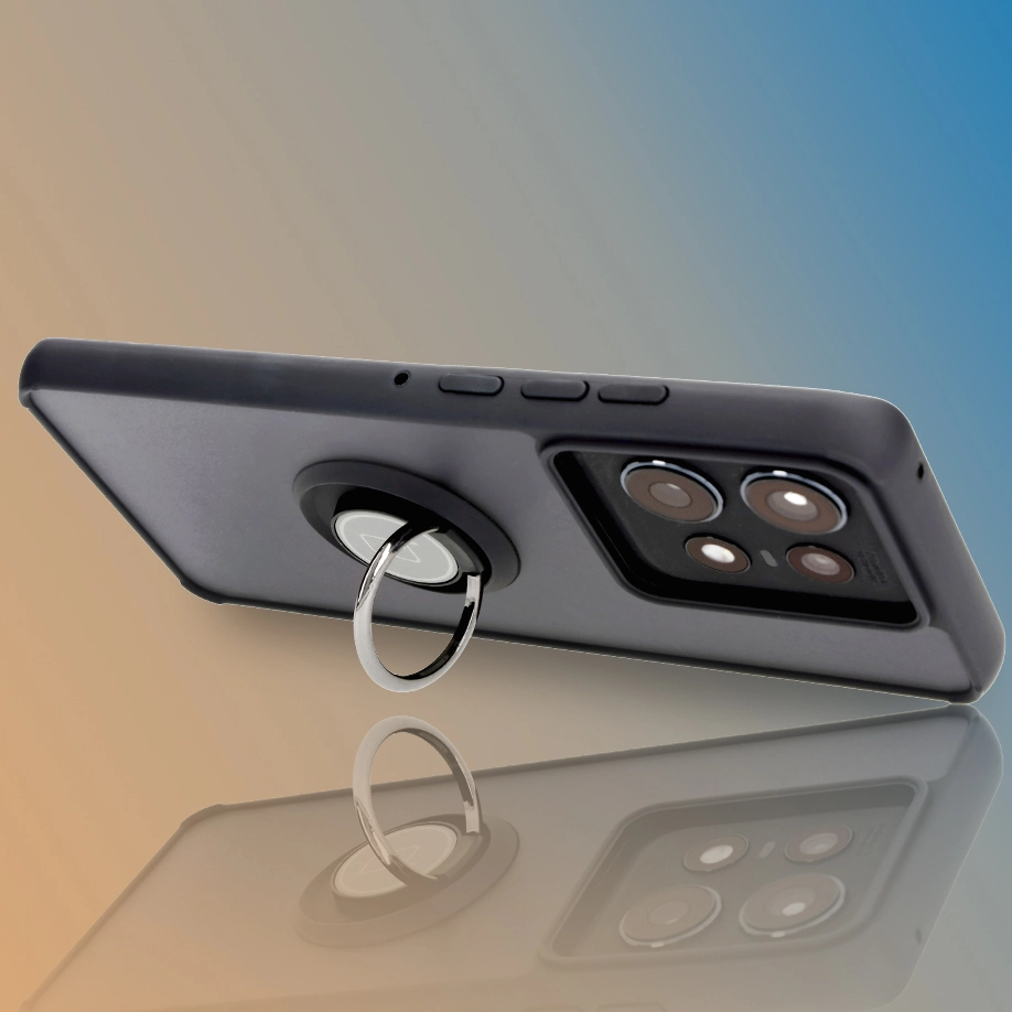 Etui Bizon z uchwytem na palec Hybrid Ring do Motorola Edge 50 Pro Przydymione z czarną ramką