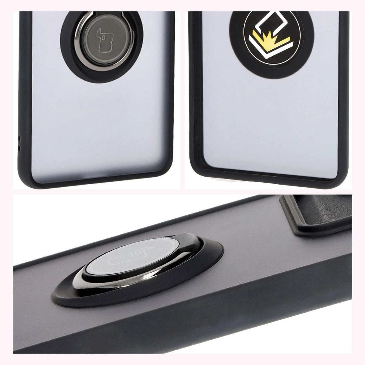 Etui Bizon z uchwytem na palec Hybrid Ring do Motorola Edge 50 Pro Przydymione z czarną ramką