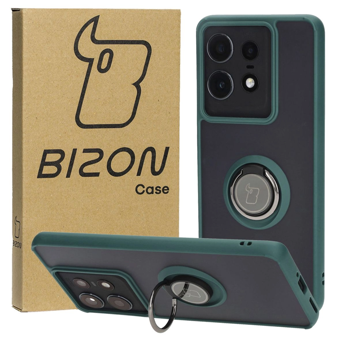 Etui Bizon z uchwytem na palec Hybrid Ring do Motorola Edge 50 Pro Przydymione z ciemnozieloną ramką