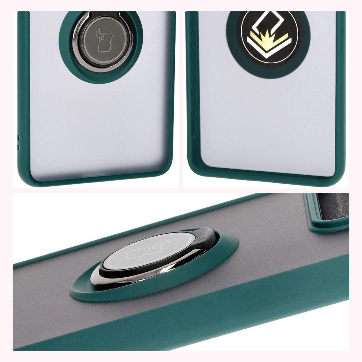 Etui Bizon z uchwytem na palec Hybrid Ring do Motorola Edge 50 Pro Przydymione z ciemnozieloną ramką