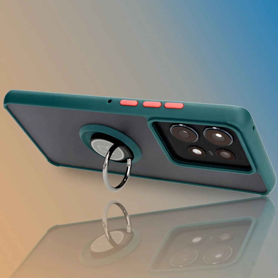 Etui Bizon z uchwytem na palec Hybrid Ring do Motorola Edge 50 Pro Przydymione z ciemnozieloną ramką