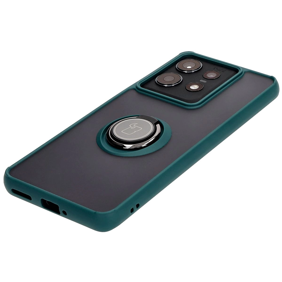 Etui Bizon z uchwytem na palec Hybrid Ring do Motorola Edge 50 Pro Przydymione z ciemnozieloną ramką