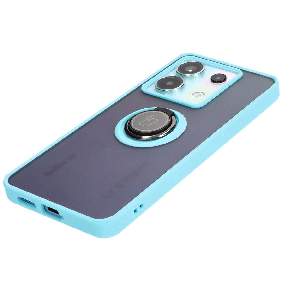 Etui Bizon z uchwytem na palec Hybrid Ring do Xiaomi Poco X6 / Xiaomi Redmi Note 13 Pro 5G Przydymione z jasnoniebieską ramką