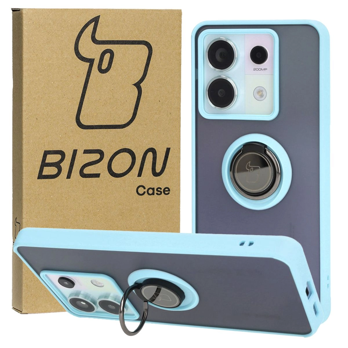 Etui Bizon z uchwytem na palec Hybrid Ring do Xiaomi Poco X6 / Xiaomi Redmi Note 13 Pro 5G Przydymione z jasnoniebieską ramką