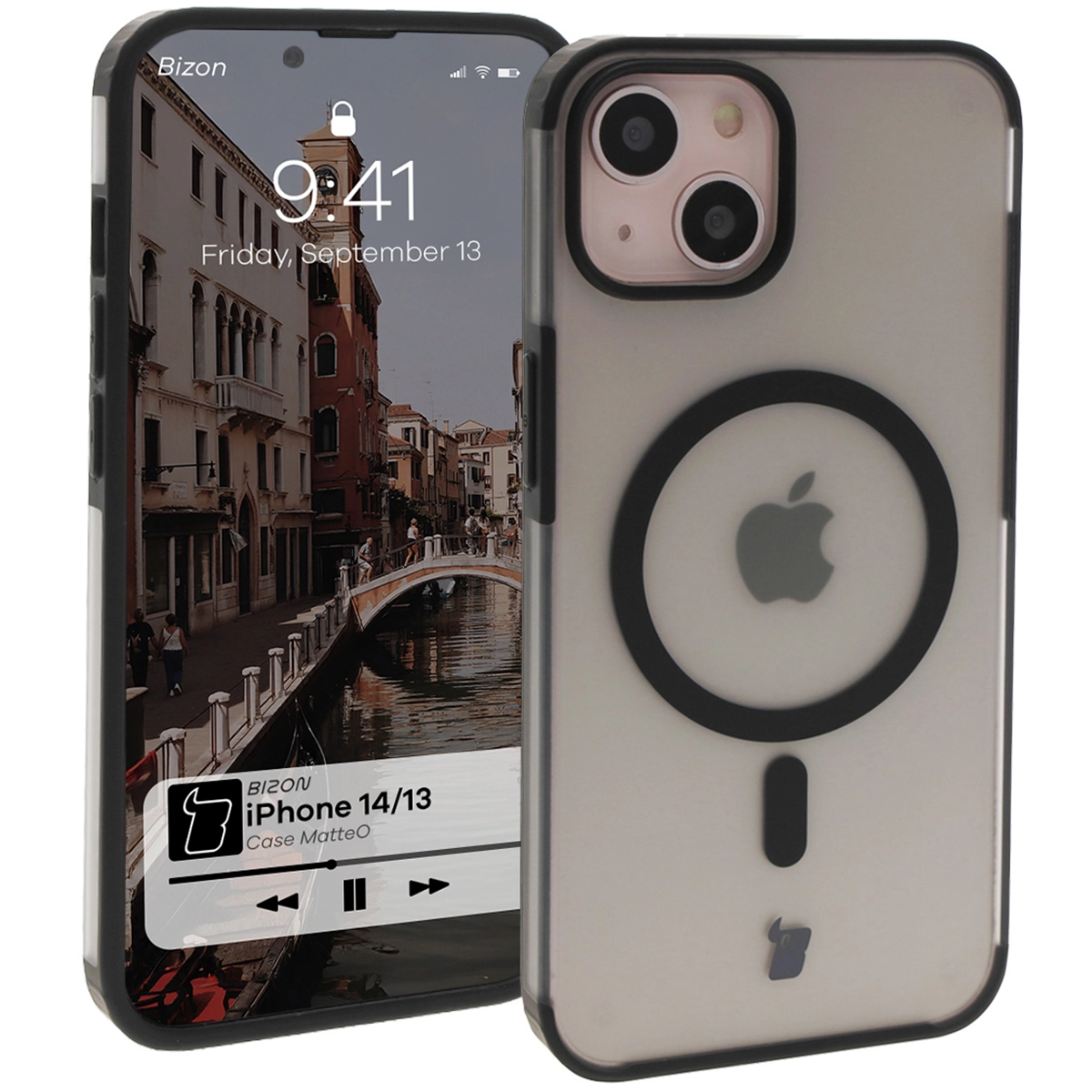 Etui Bizon MatteO z MagSafe do iPhone 14 / iPhone 13 Półprzezroczyste z czarną ramką