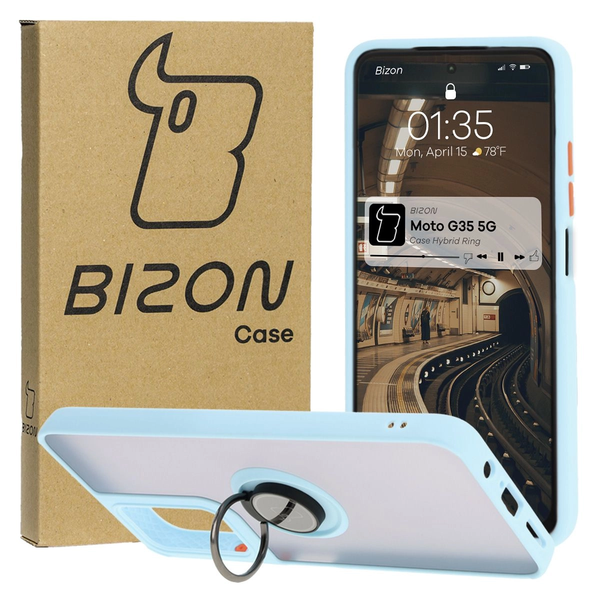 Etui Bizon z uchwytem na palec Hybrid Ring do Motorola Moto G35 5G Przydymione z jasnoniebieską ramką