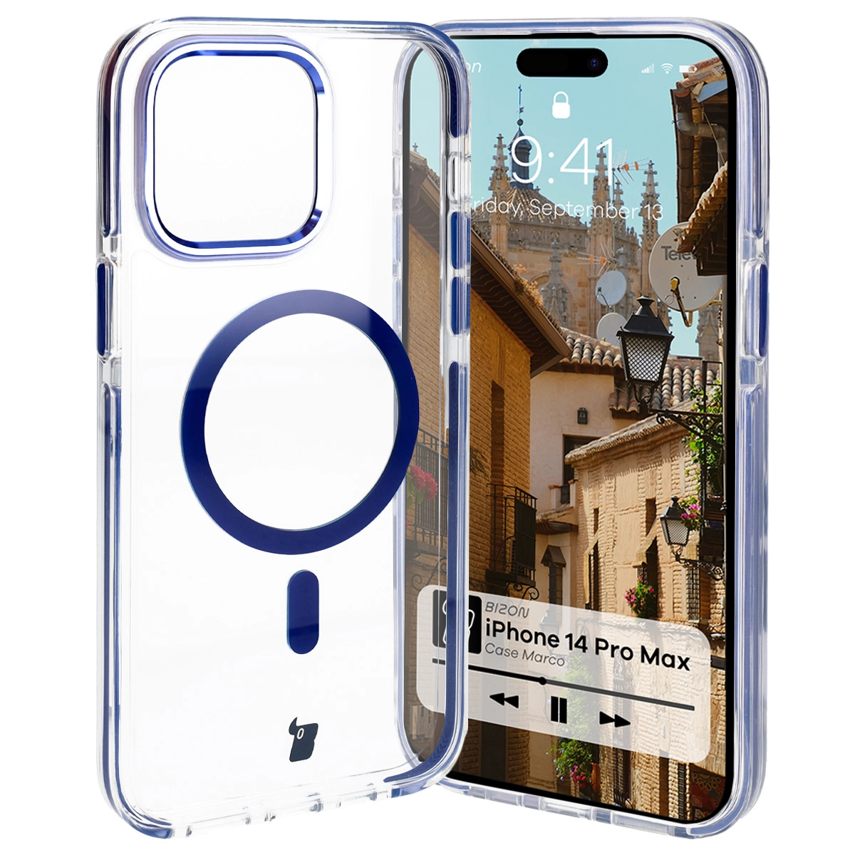 Etui Bizon Marco z MagSafe do iPhone 14 Pro Max Przezroczyste z niebieską ramką