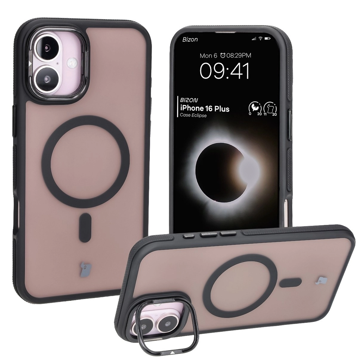 Etui Bizon Eclipse z MagSafe i podstawką do iPhone 16 Plus  Przydymione z czarną ramką