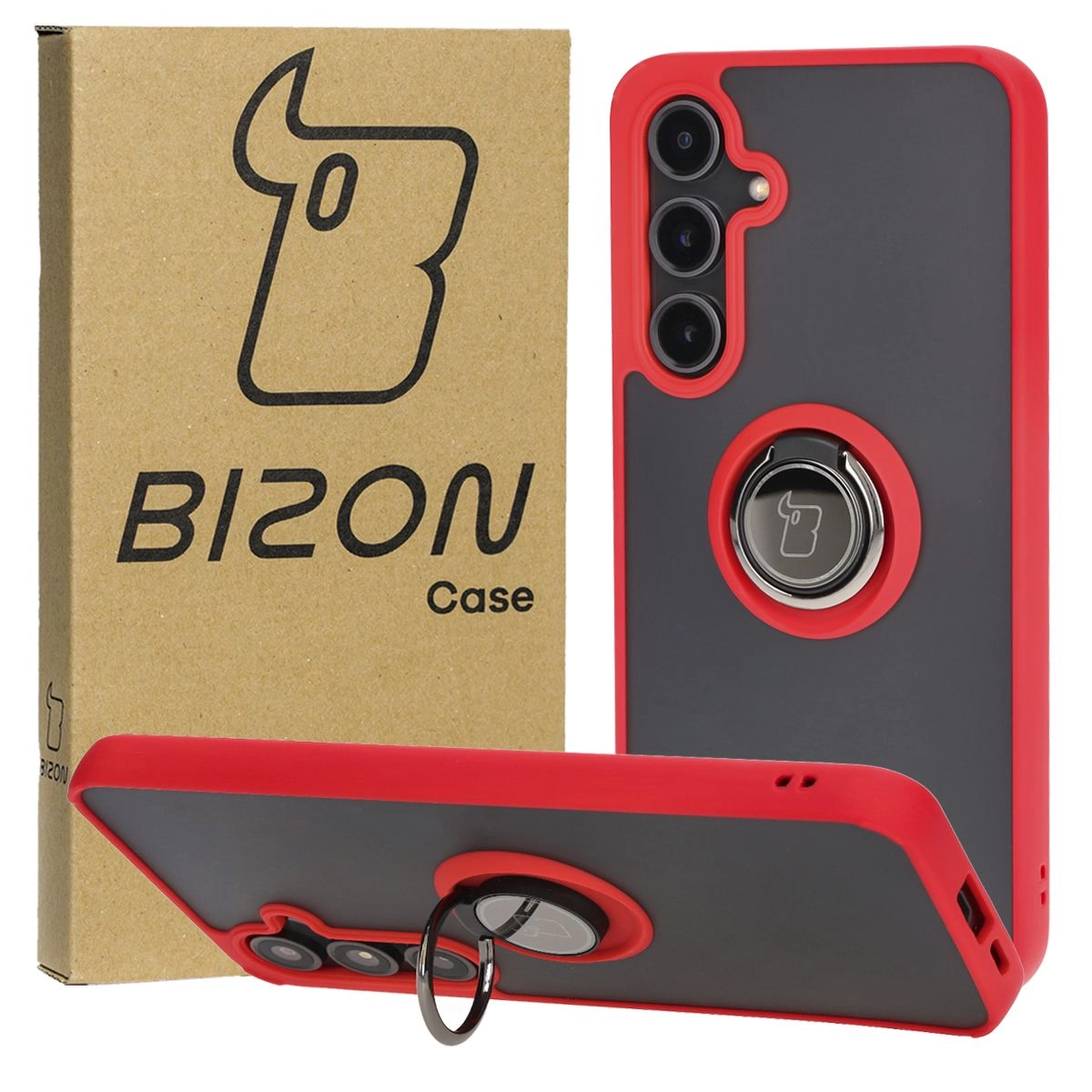 Etui Bizon z uchwytem na palec Hybrid Ring do Galaxy S24 FE Przydymione z czerwoną ramką