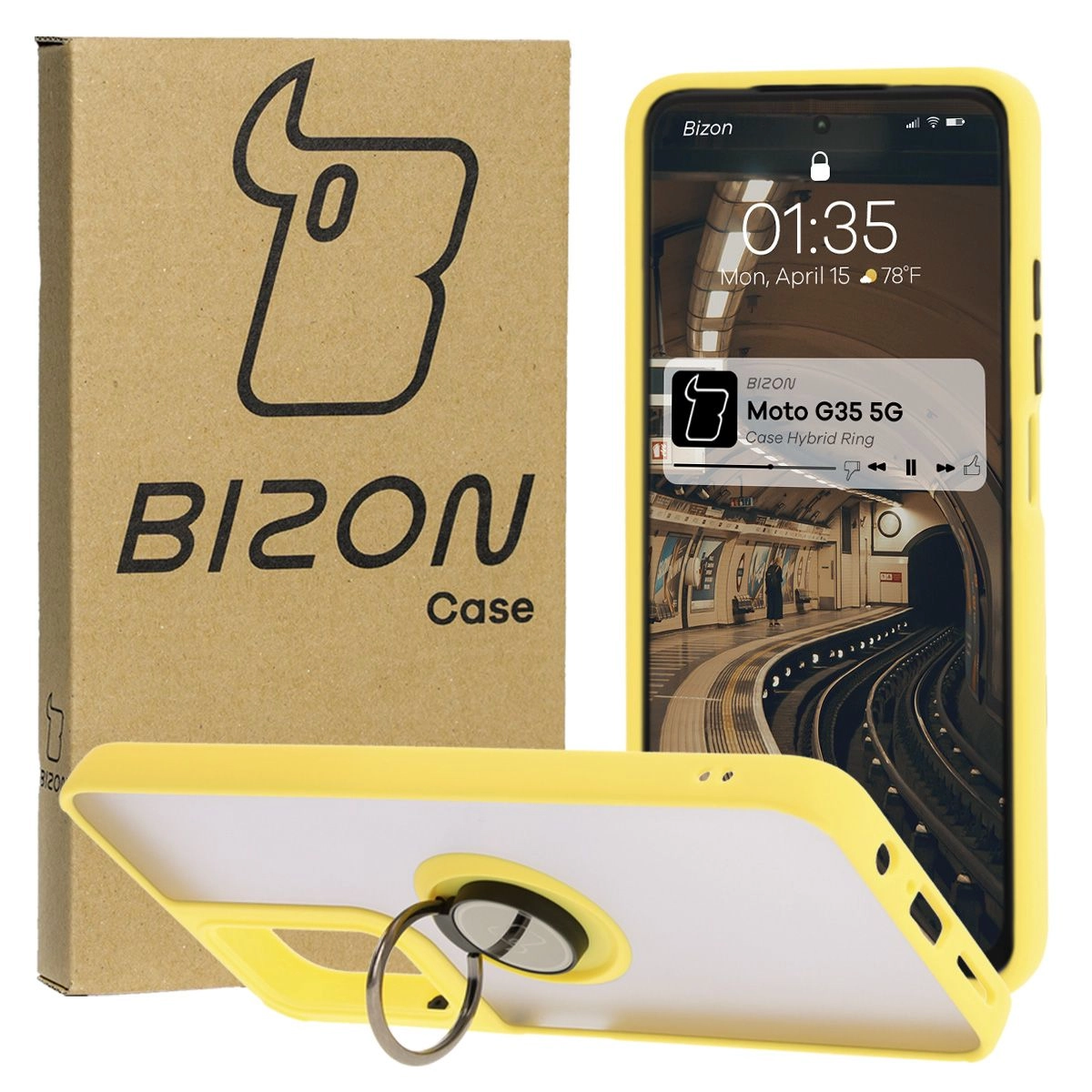 Etui Bizon z uchwytem na palec Hybrid Ring do Motorola Moto G35 5G Przydymione z żółtą ramką