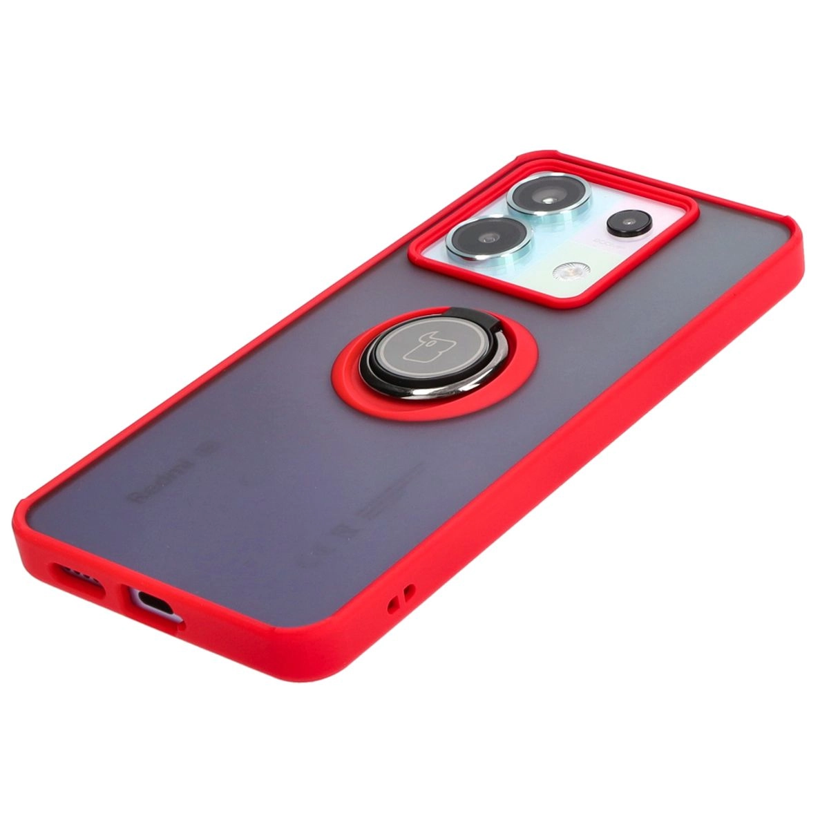 Etui Bizon z uchwytem na palec Hybrid Ring do Xiaomi Poco X6 / Xiaomi Redmi Note 13 Pro 5G Przydymione z czerwoną ramką
