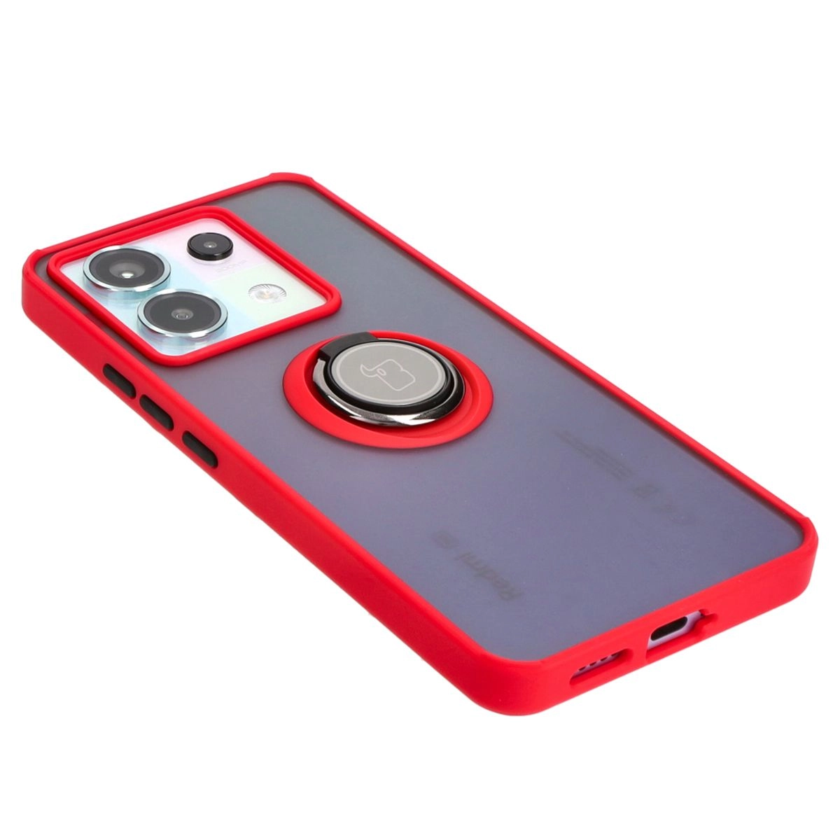 Etui Bizon z uchwytem na palec Hybrid Ring do Xiaomi Poco X6 / Xiaomi Redmi Note 13 Pro 5G Przydymione z czerwoną ramką