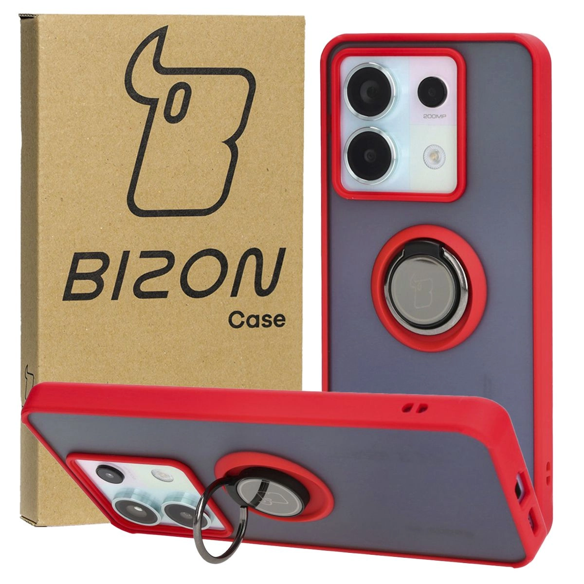 Etui Bizon z uchwytem na palec Hybrid Ring do Xiaomi Poco X6 / Xiaomi Redmi Note 13 Pro 5G Przydymione z czerwoną ramką