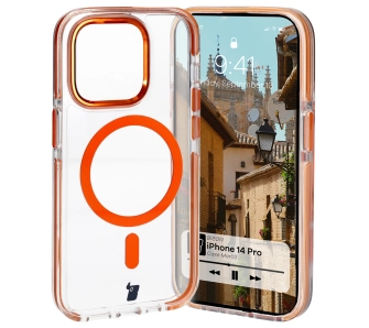 Etui Bizon Marco z MagSafe do iPhone 14 Pro Przezroczyste z pomarańczową ramką