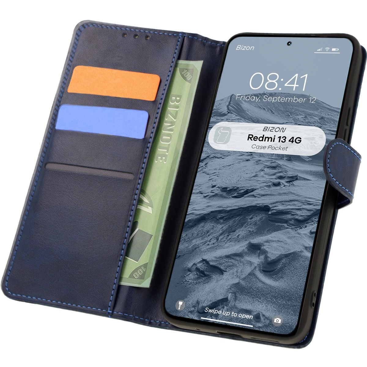 Etui Bizon z klapką Pocket do Xiaomi Redmi 13 4G Granatowy