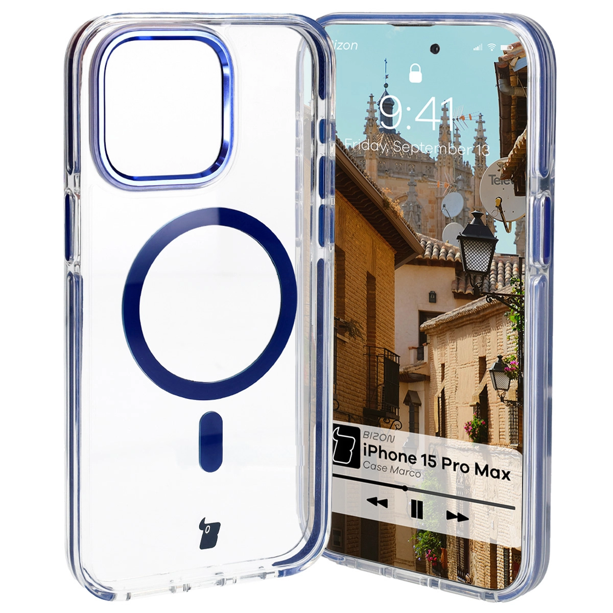 Etui Bizon Marco z MagSafe do iPhone 15 Pro Max Przezroczyste z niebieską ramką