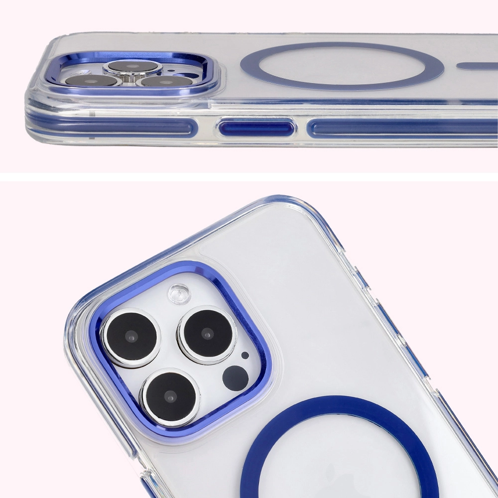 Etui Bizon Marco z MagSafe do iPhone 15 Pro Max Przezroczyste z niebieską ramką