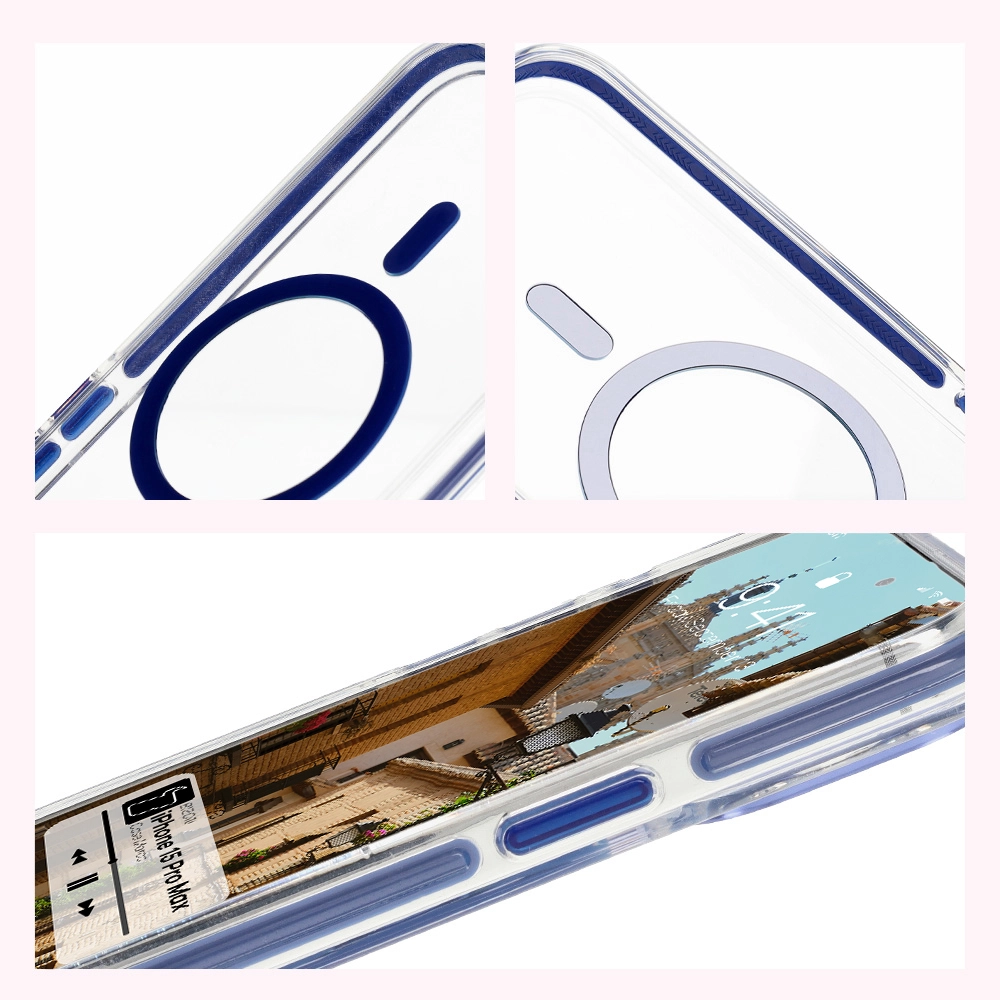 Etui Bizon Marco z MagSafe do iPhone 15 Pro Max Przezroczyste z niebieską ramką