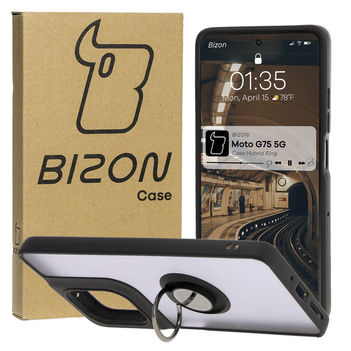 Etui Bizon z uchwytem na palec Hybrid Ring do Motorola Moto G75 5G Przydymione z czarną ramką