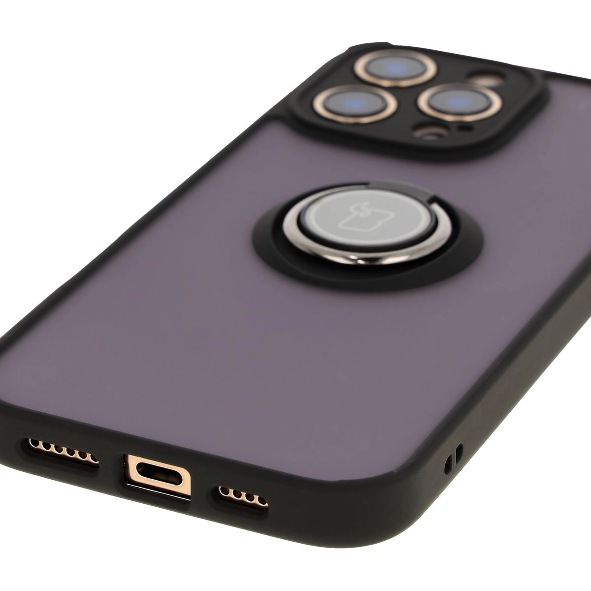 Etui Bizon z uchwytem na palec Hybrid Ring do iPhone 16 Pro Max Przydymione z czarną ramką