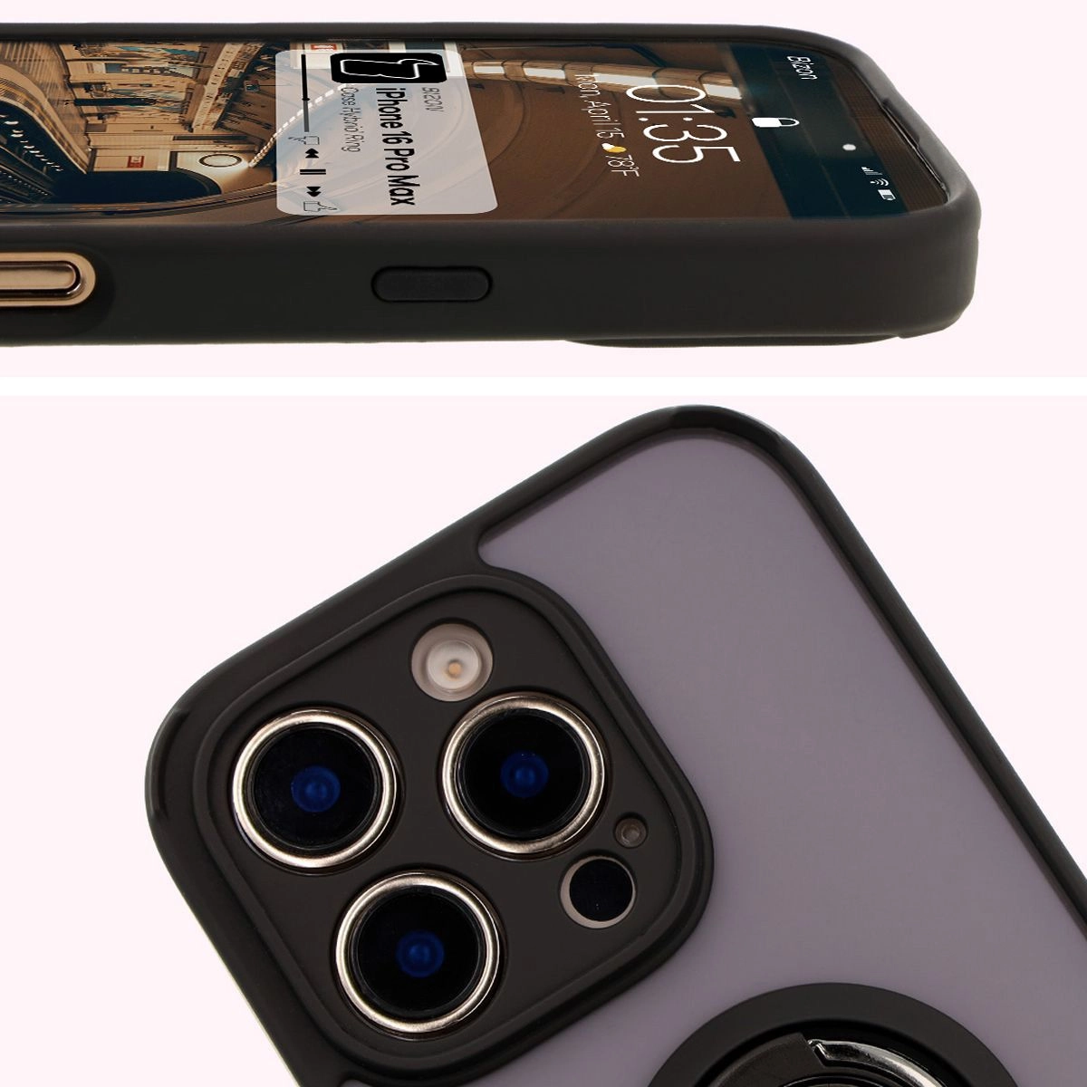 Etui Bizon z uchwytem na palec Hybrid Ring do iPhone 16 Pro Max Przydymione z czarną ramką