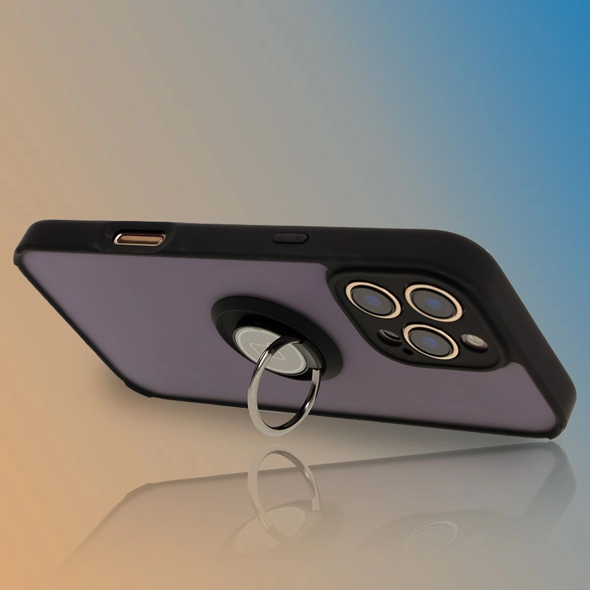 Etui Bizon z uchwytem na palec Hybrid Ring do iPhone 16 Pro Max Przydymione z czarną ramką
