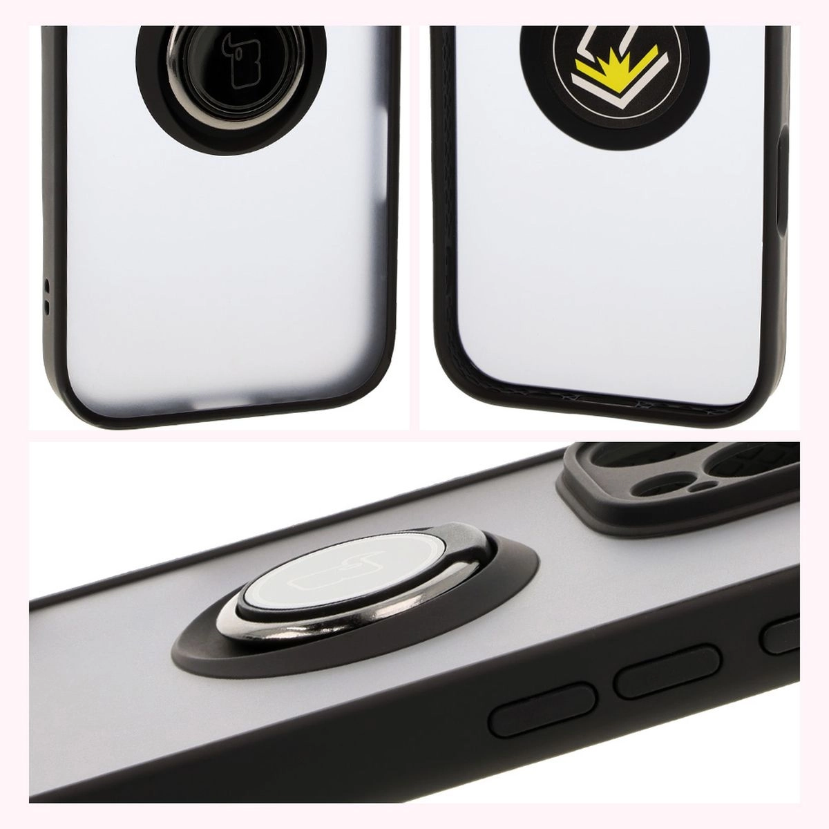 Etui Bizon z uchwytem na palec Hybrid Ring do iPhone 16 Pro Max Przydymione z czarną ramką