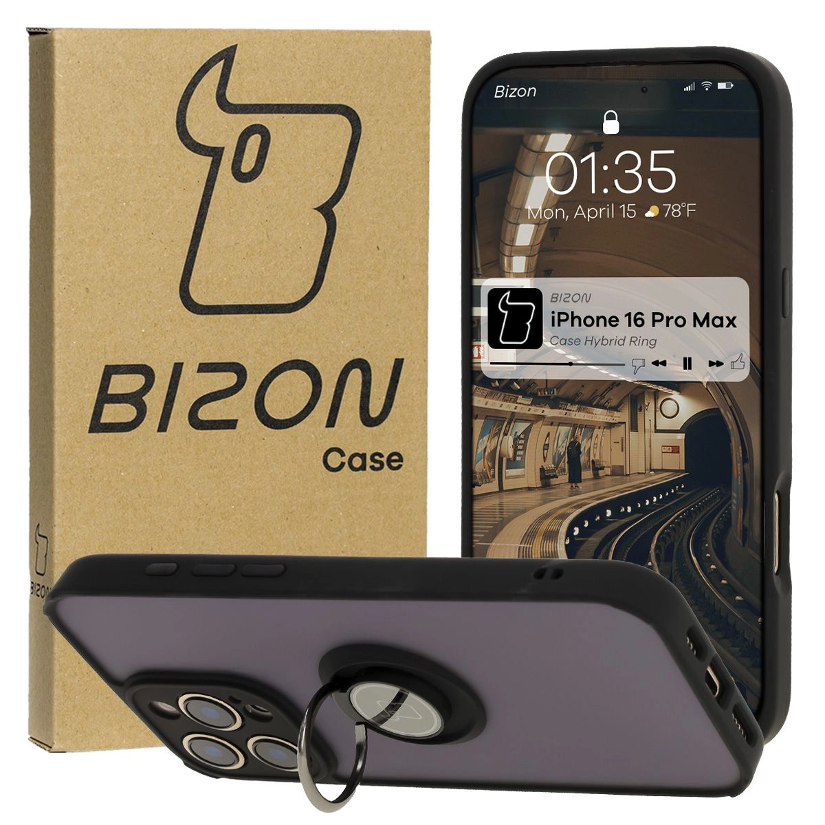 Etui Bizon z uchwytem na palec Hybrid Ring do iPhone 16 Pro Max Przydymione z czarną ramką