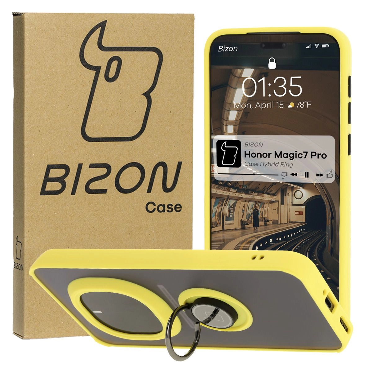 Etui Bizon z uchwytem na palec Hybrid Ring do Honor Magic7 Pro Przydymione z żółtą ramką
