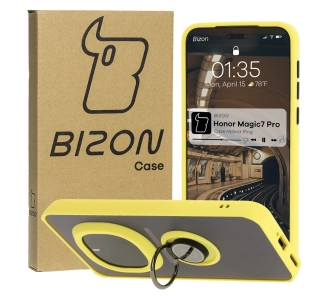 Etui Bizon z uchwytem na palec Hybrid Ring do Honor Magic7 Pro Przydymione z żółtą ramką