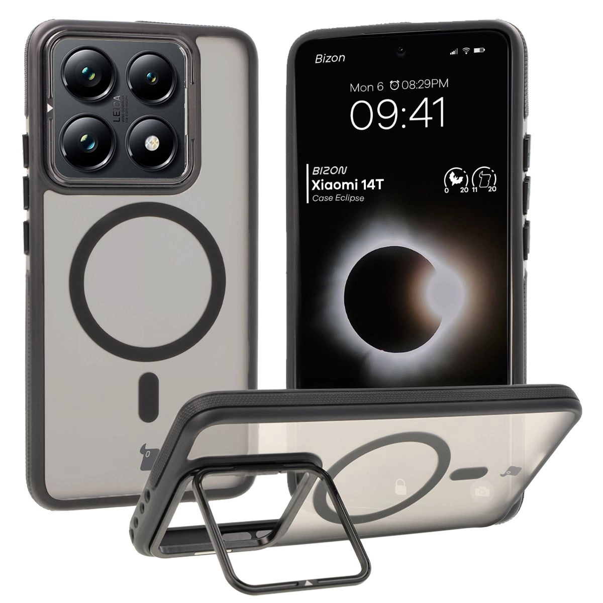 Bizon Eclipse z MagSafe i podstawką do Xiaomi 14T Przydymione z czarną ramką