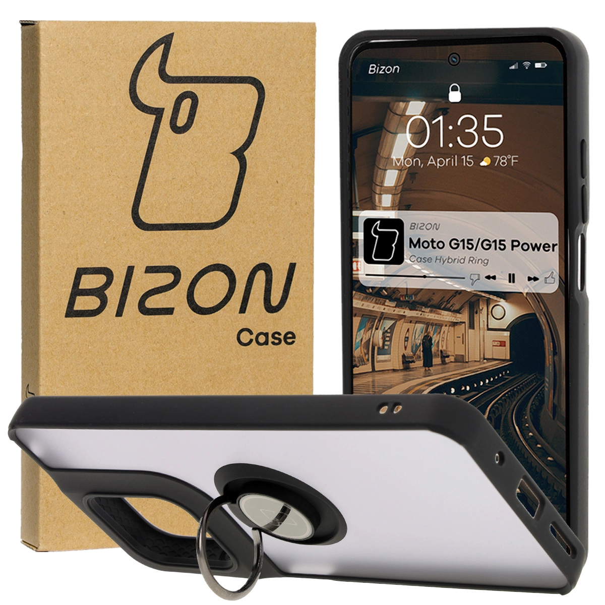 Bizon z uchwytem na palec Hybrid Ring do Motorola Moto G15 / G15 Power Przydymione z czarną ramką