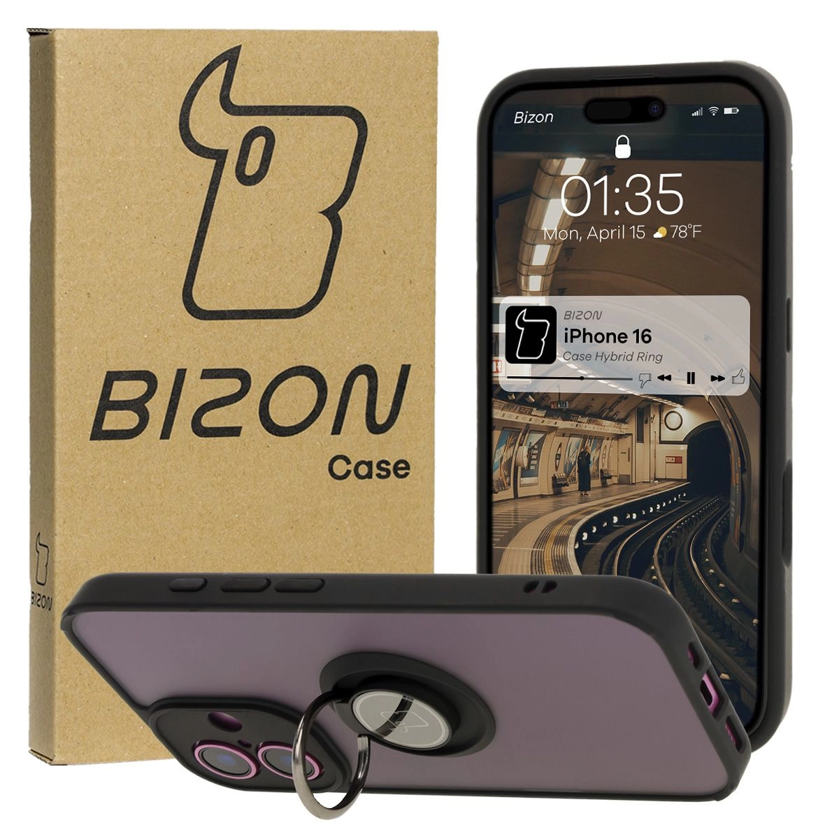 Etui Bizon z uchwytem na palec Hybrid Ring do iPhone 16 Przydymione z czarną ramką