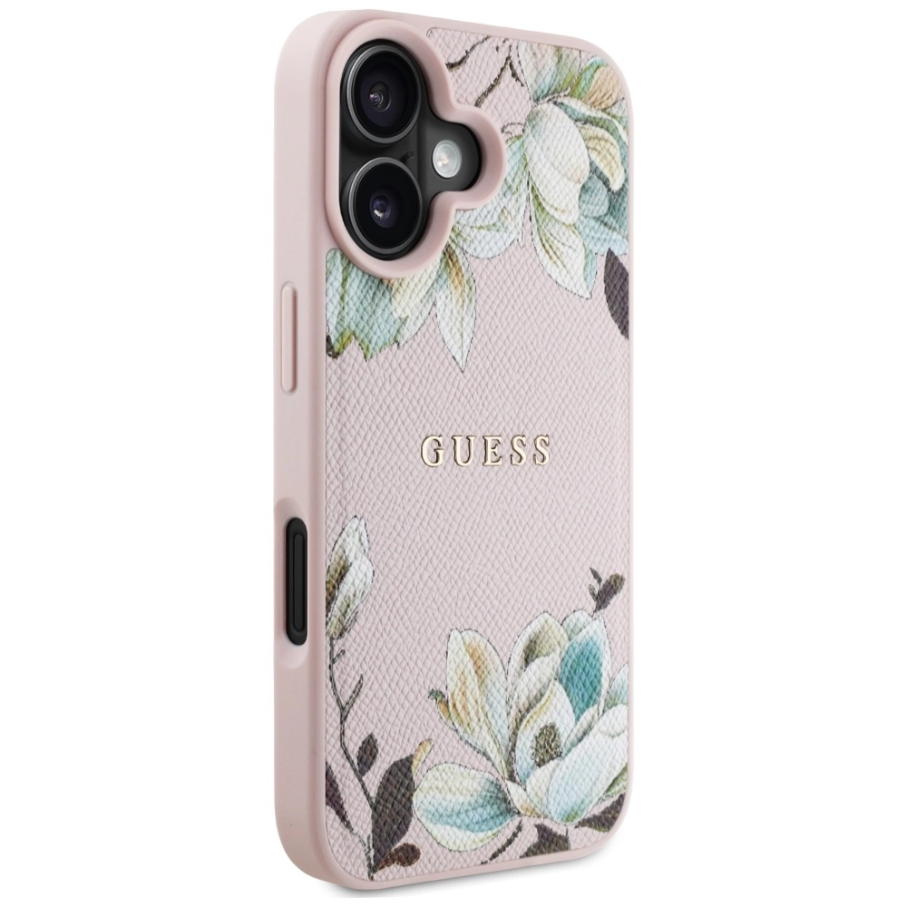 Etui Guess Grained Printed Flower Pattern MagSafe do iPhone 16 Różowy
