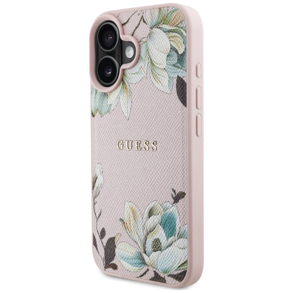 Etui Guess Grained Printed Flower Pattern MagSafe do iPhone 16 Różowy