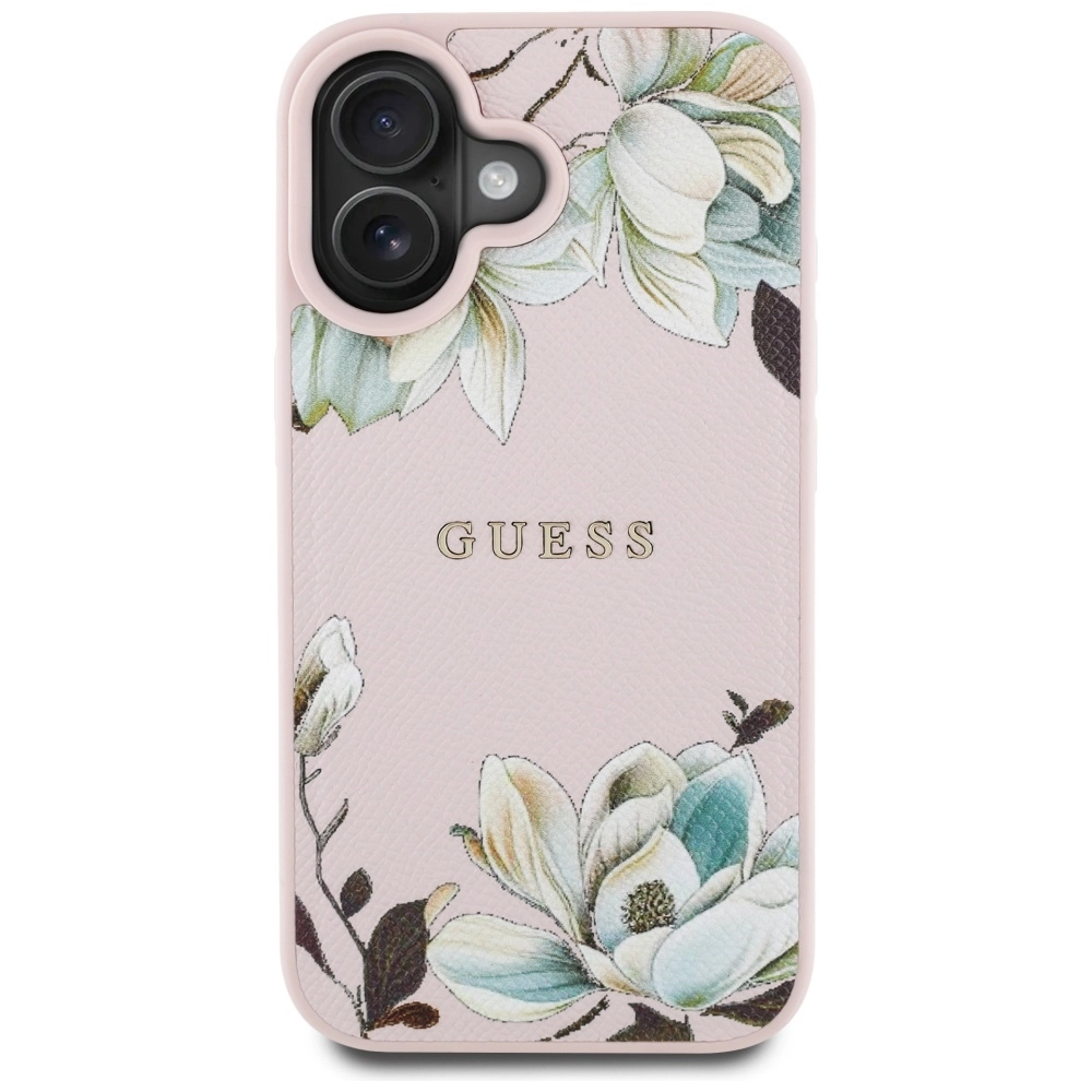 Etui Guess Grained Printed Flower Pattern MagSafe do iPhone 16 Różowy