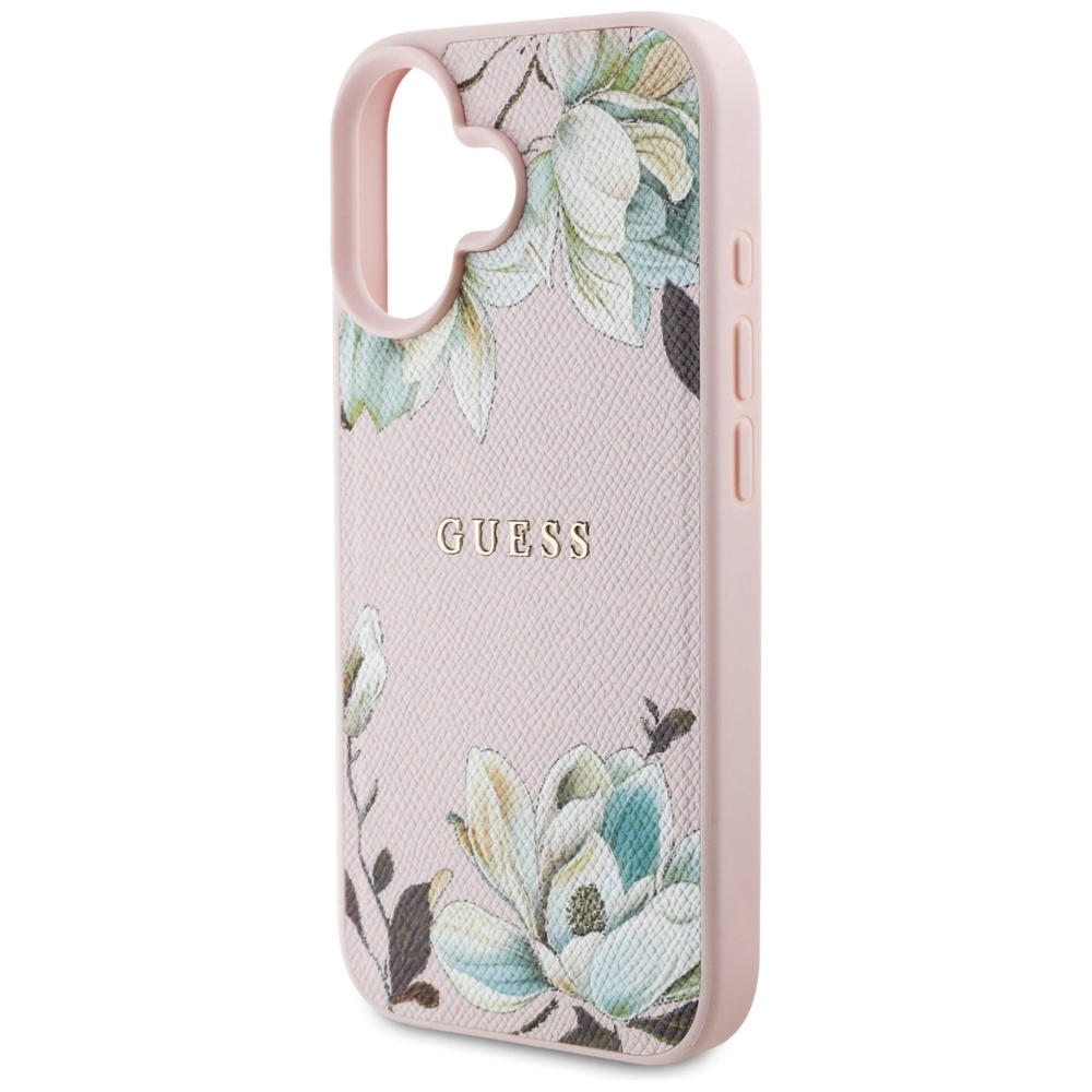 Etui Guess Grained Printed Flower Pattern MagSafe do iPhone 16 Różowy