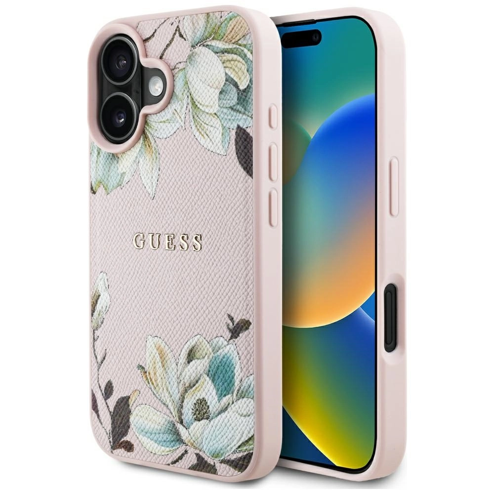 Etui Guess Grained Printed Flower Pattern MagSafe do iPhone 16 Różowy
