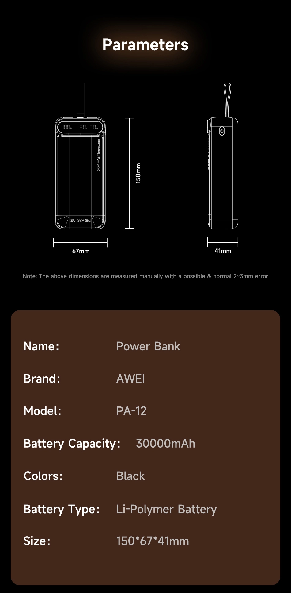 Powerbank Awei PA-12 30000mAh 22.5W Czarny