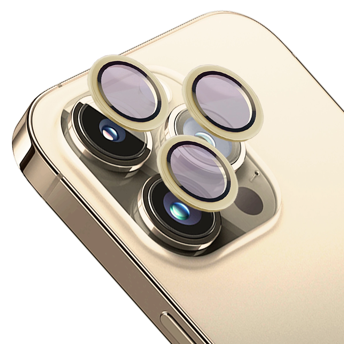 Szkło hartowane Bizon na aparat z aplikatorem Snap Lens do iPhone 14 Pro/14 Pro Max złota ramka