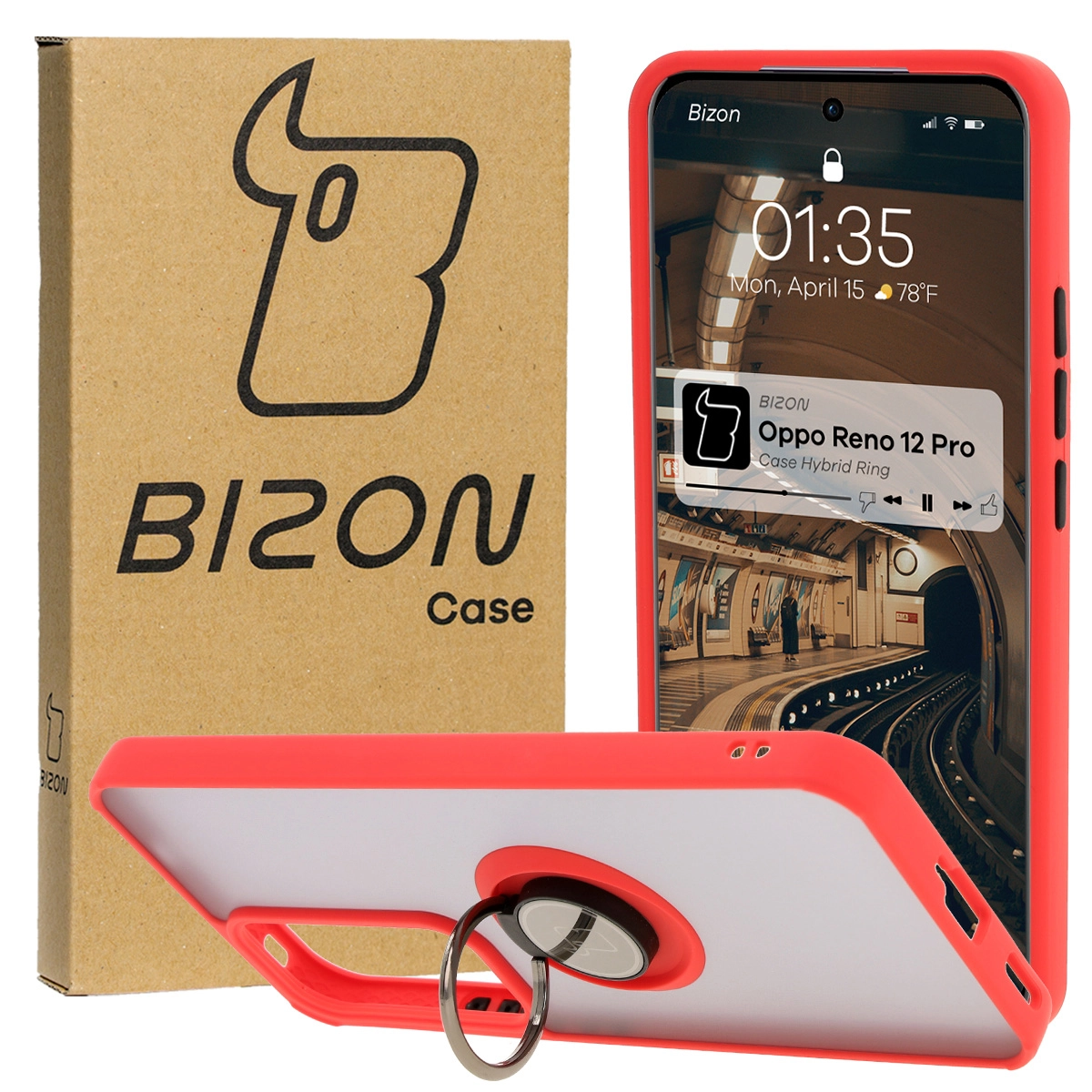 Bizon z uchwytem na palec Hybrid Ring do Oppo Reno 12 Pro przydymione z Czerwoną ramką