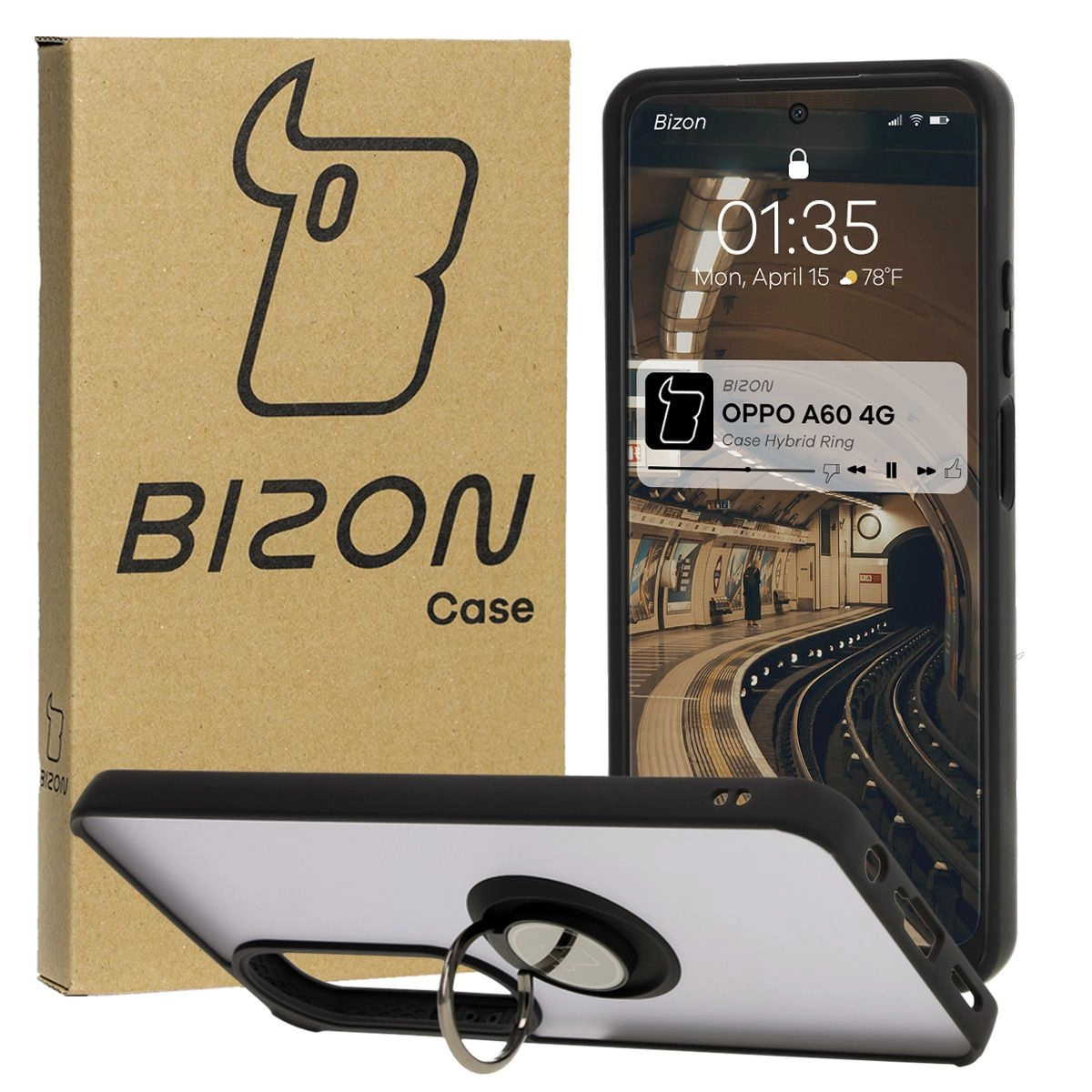 Etui Bizon z uchwytem na palec Hybrid Ring do Oppo A60 4G przydymione z Czarną ramką