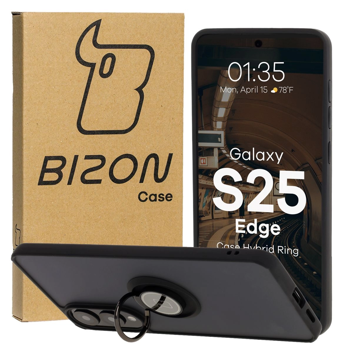 Etui Bizon z uchwytem na palec Hybrid Ring do Galaxy S25 Edge przydymione z Czarną ramką