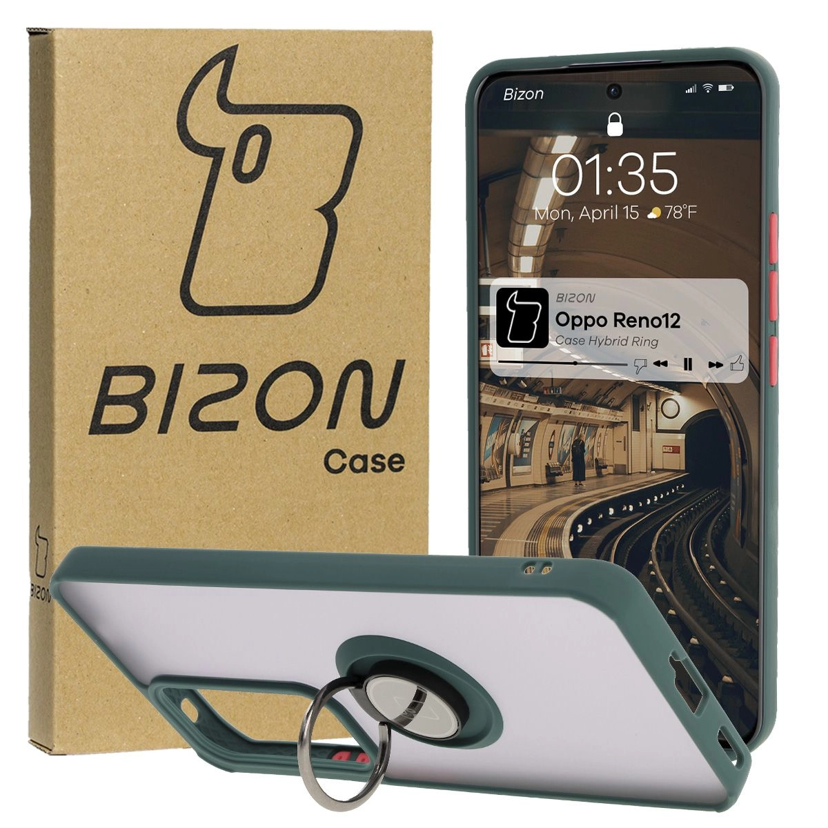 Etui Bizon z uchwytem na palec Hybrid Ring do Oppo Reno 12 przydymione z Ciemnozieloną ramką