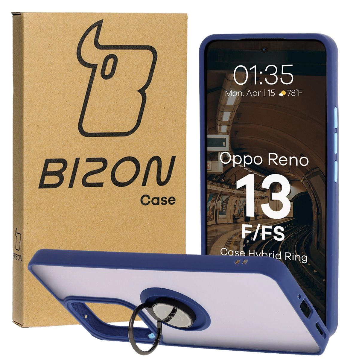 Etui Bizon z uchwytem na palec Hybrid Ring do Oppo Reno13 F/FS przydymione z Granatową ramką