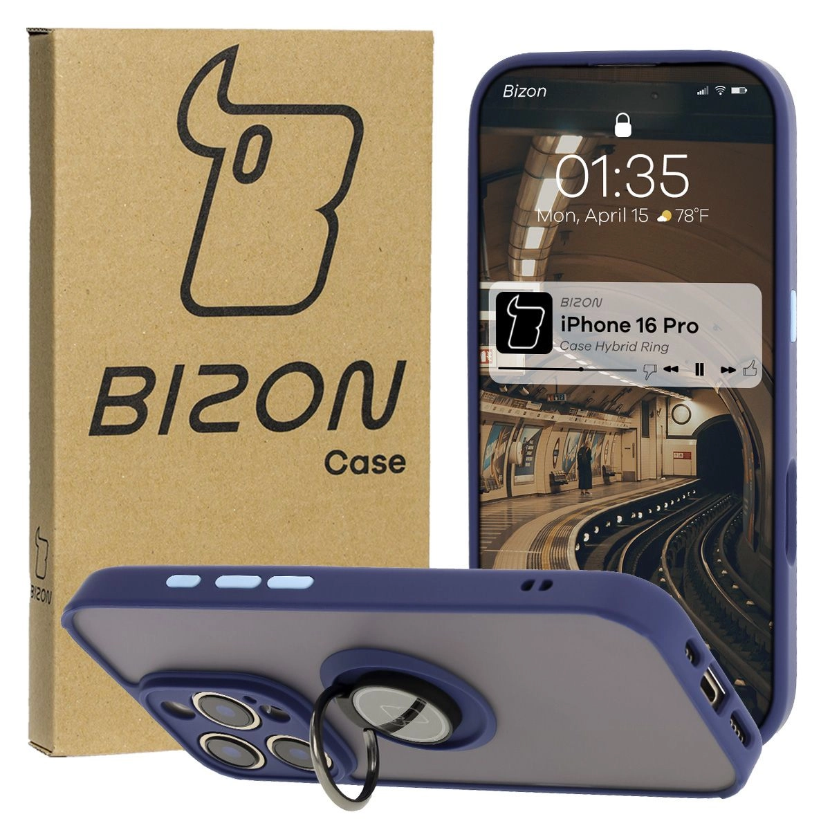 Etui Bizon z uchwytem na palec Hybrid Ring do iPhone 16 Pro przydymione z Granatową ramką