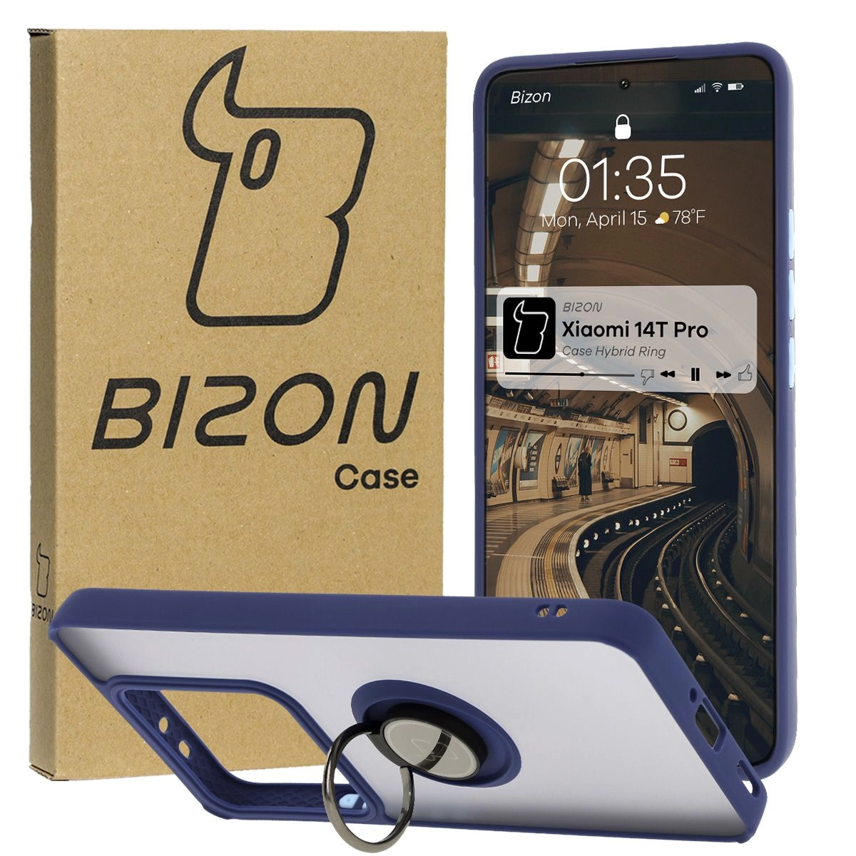 Etui Bizon z uchwytem na palec Hybrid Ring do Xiaomi 14T Pro przydymione z Granatową ramką