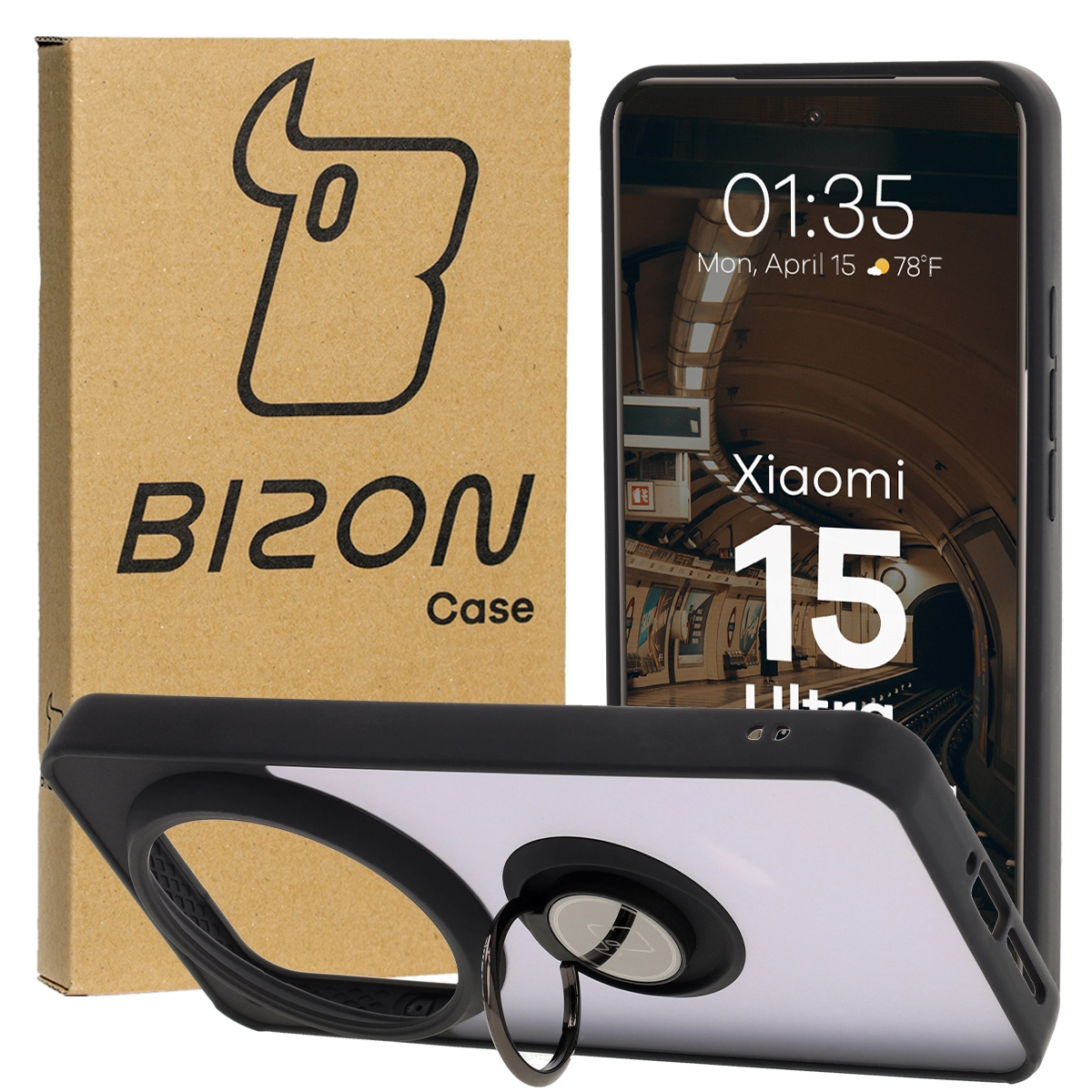 Etui Bizon z uchwytem na palec Hybrid Ring do Xiaomi 15 Ultra przydymione z Czarną ramką