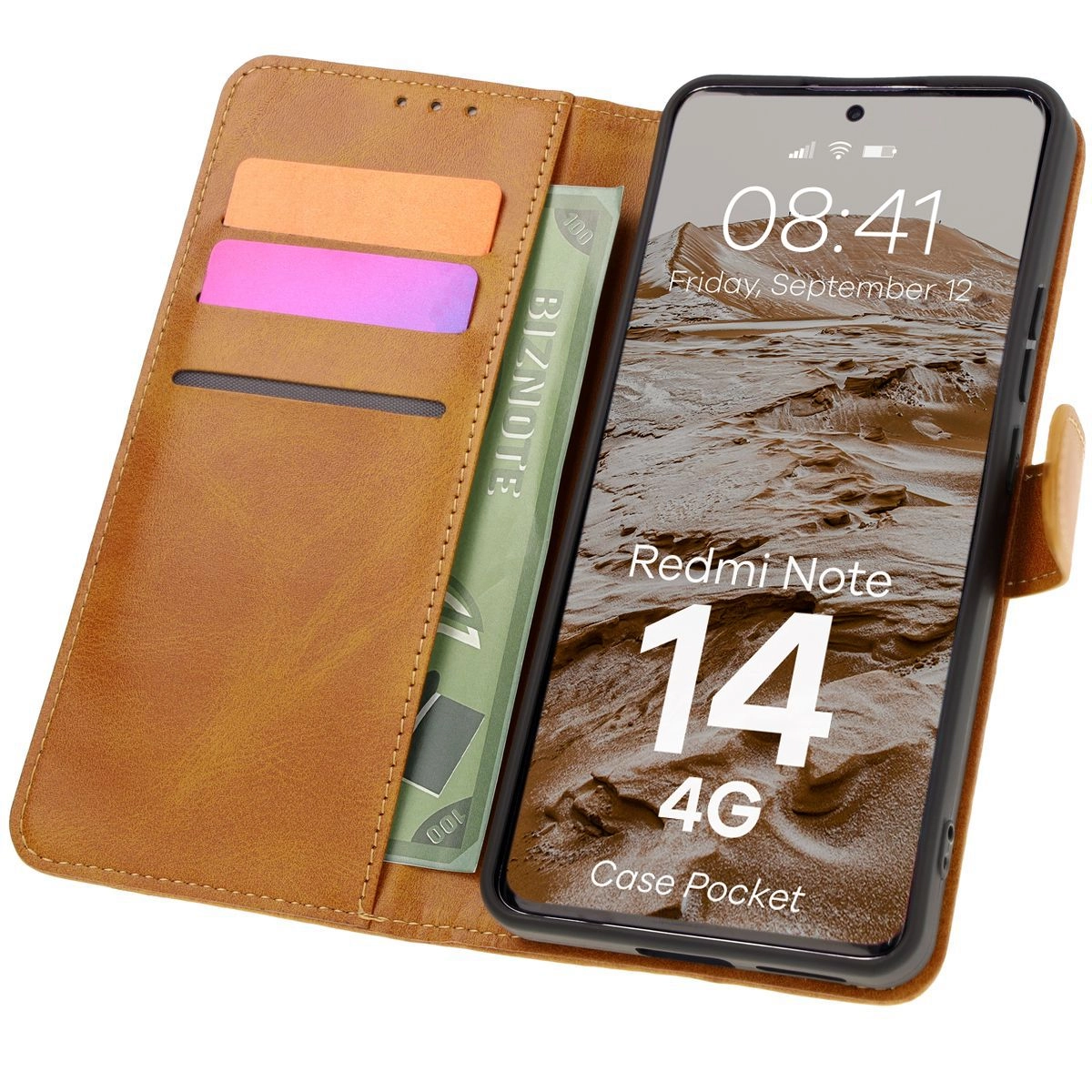 Etui Bizon z klapką Pocket do Xiaomi Redmi Note 14 4G Brązowy