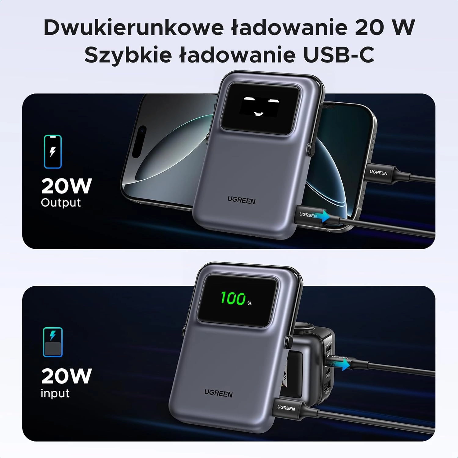 Powerbank UGREEN UNO PB572 Magnetyczny 10000mAh Qi 7,5W Fioletowy